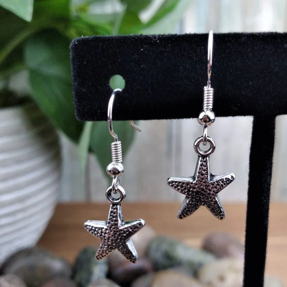 Starfish Charm Silver Tone Hook Earrings - Picture 2 of 2
